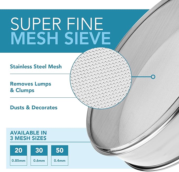 Stainless Steel Flour Sifter Fine Mesh Round Flour Sieve for Baking 14" Diameter x 2.88" High; 50 Mesh (Hole Size 0.3mm)