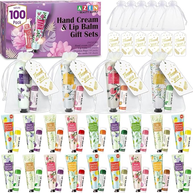 AZEN 100 Sets Hand Cream Bulk and Lip Balm Bulk Set, Bridal Shower Gifts for Guests with Organza Bag Thank You Card, Thank You Gifts for Coworkers Women Men, Bridal Wedding Favors for Guests-BrightBean Baby