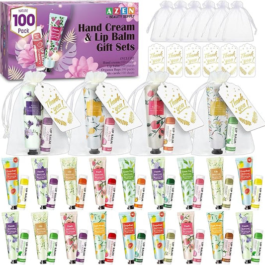 AZEN 100 Sets Hand Cream Bulk and Lip Balm Bulk Set, Bridal Shower Gifts for Guests with Organza Bag Thank You Card, Thank You Gifts for Coworkers Women Men, Bridal Wedding Favors for Guests-BrightBean Baby