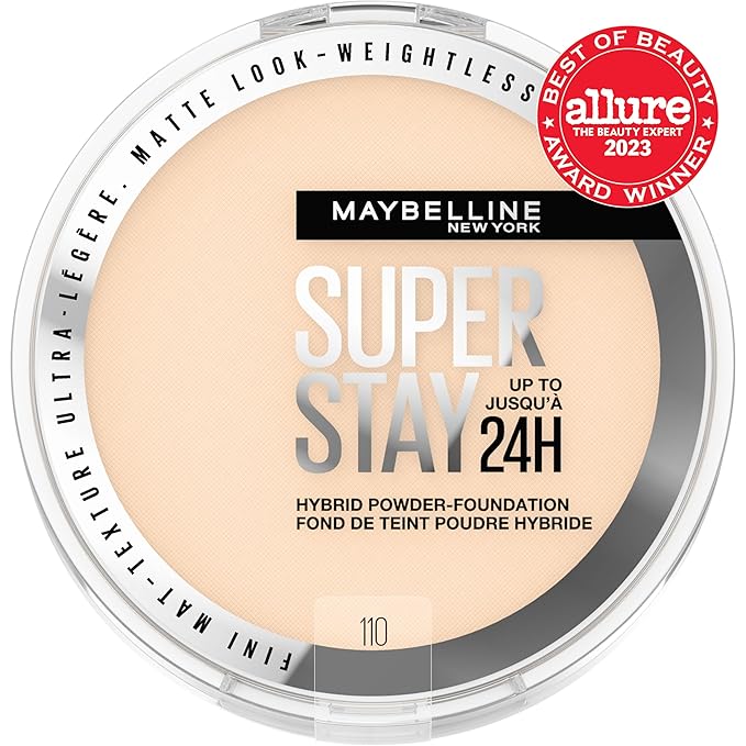 Maybelline Super Stay Up to 24HR Hybrid Powder-Foundation, Medium-to-Full Coverage Makeup, Matte Finish, 110, 1 Count-BrightBean Baby