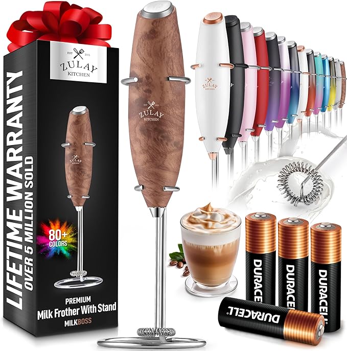 Zulay Kitchen Powerful Milk Frother Wand With 4 AA Duracell Batteries - Ultra Fast Handheld Drink Mixer - Electric Whisk Foam Maker for Coffee, Lattes, Cappuccino, Matcha & Creamer