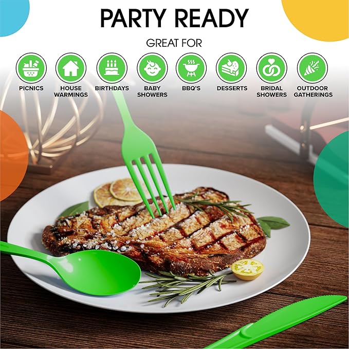 Party Solids Lime Green Plastic Silverware Heavy Duty 300 Pcs Lime Green Plastic Cutlery Sets, Utensil Sets, 100 Of Each Forks, Knives & Spoons Disposable Cutlery Set, Flatware Set For Party Supplies
