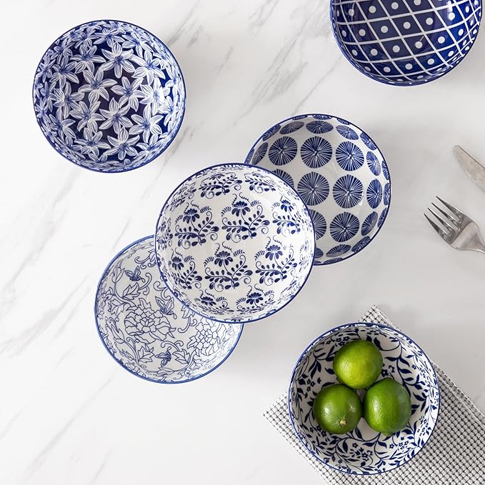 Sweejar Ceramic Cereal Bowls Set, 29 Oz Soup Bowls Microwave & Dishwasher Safe, 6.1 Inch Deep Porcelain Serving Bowls for Kitchen, Fruit, Ramen, Salad, Pasta, Set of 6(Vintage Blue)