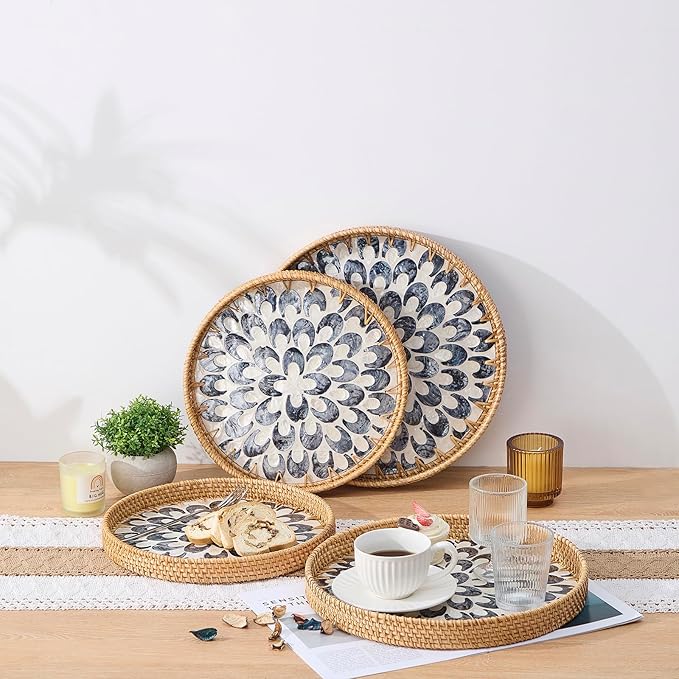 Round Rattan Tray with Mother of Pearl Inlay, Rattan Serving Tray with Wooden Base, Decorative Wicker Basket for Table Decor, Storage and Display of Coffee Bread Food Fruit (Plume 13.5")