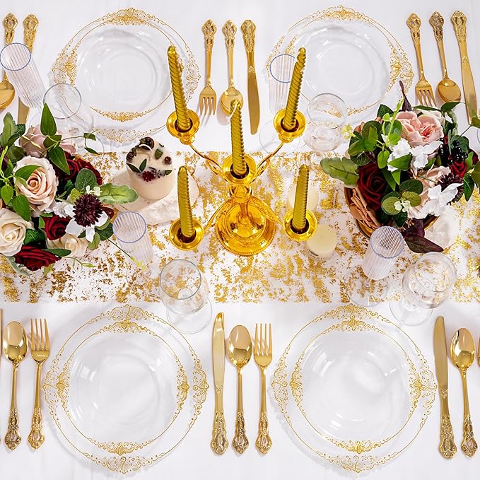 100PCS Clear Gold Plastic Bowls - 12 oz Clear Disposable Salad Bowls - Heavy Duty Disposable Soup Bowl - Fancy Plastic Ice Cream Bowl for Weddings, Thanksgiving Parties, Dinners, Picnics,