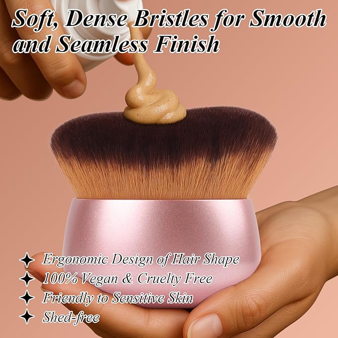 75MM Extra Large Self Tanner Kabuki Makeup Brush – Ultra Soft Dense Vegan Bristles for Body Makeup, Bronzer & Foundation–Applies Tanning Mousse, Lotion & Self Tanner–Rose Gold, Wet & Dry-BrightBean Baby