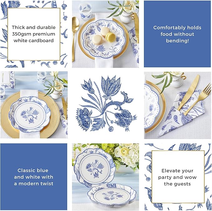 Kate Aspen Blue Willow Paper Plate and Napkin Set - Elegant Disposable Plates for Weddings, Something Blue Before I Do Bridal Shower Decorations, Baby Shower Plates, Tea Party Supplies - 62 Piece