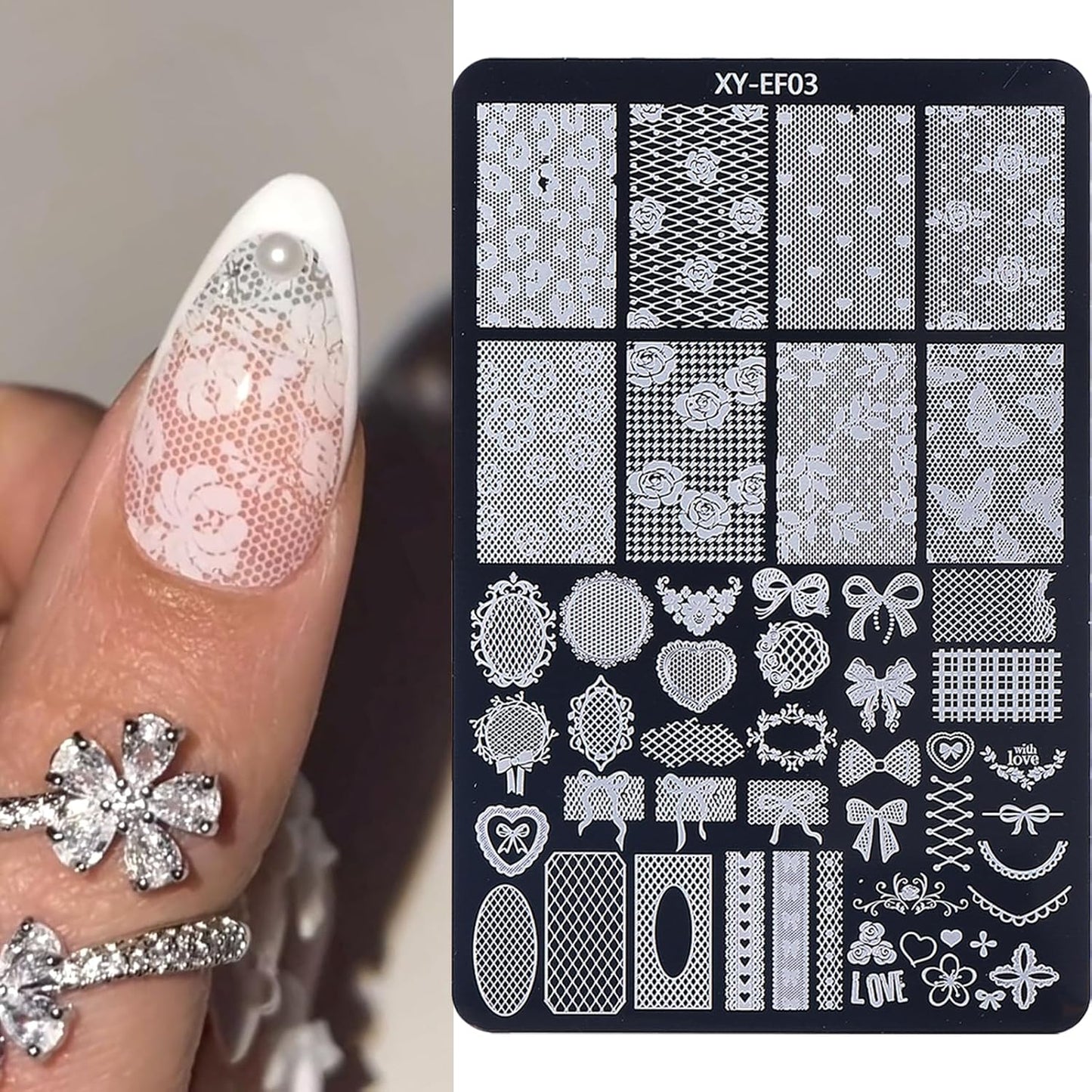 6pcs Lace Flower Design Nail Stamping Plate Kit With French Tip Nail Stamper Kit Ribbon Bow Knot Nail Stencil Reusable Stainless Steel Manicure Tool Nail Supplies for Salon DIY-BrightBean Baby