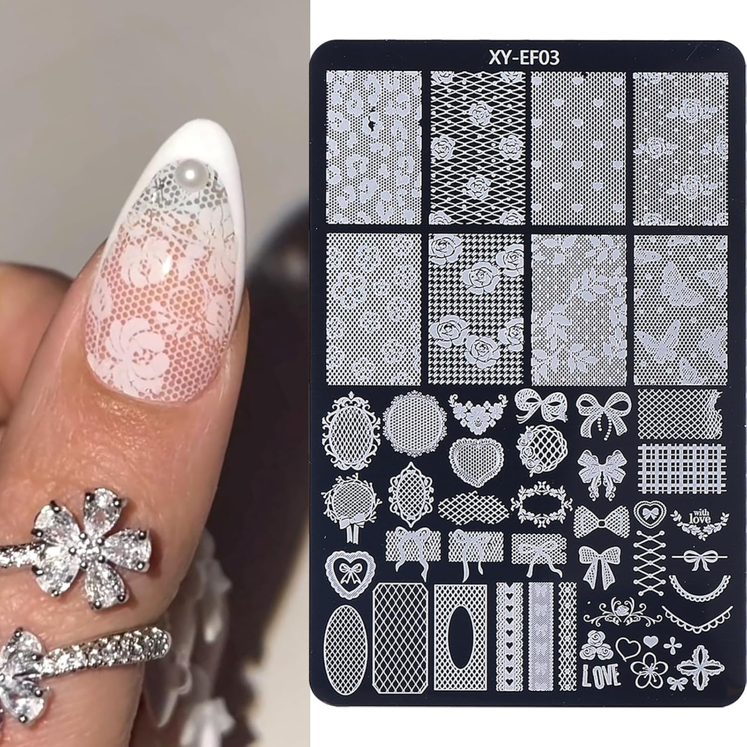 6pcs Lace Flower Design Nail Stamping Plate Kit With French Tip Nail Stamper Kit Ribbon Bow Knot Nail Stencil Reusable Stainless Steel Manicure Tool Nail Supplies for Salon DIY-BrightBean Baby