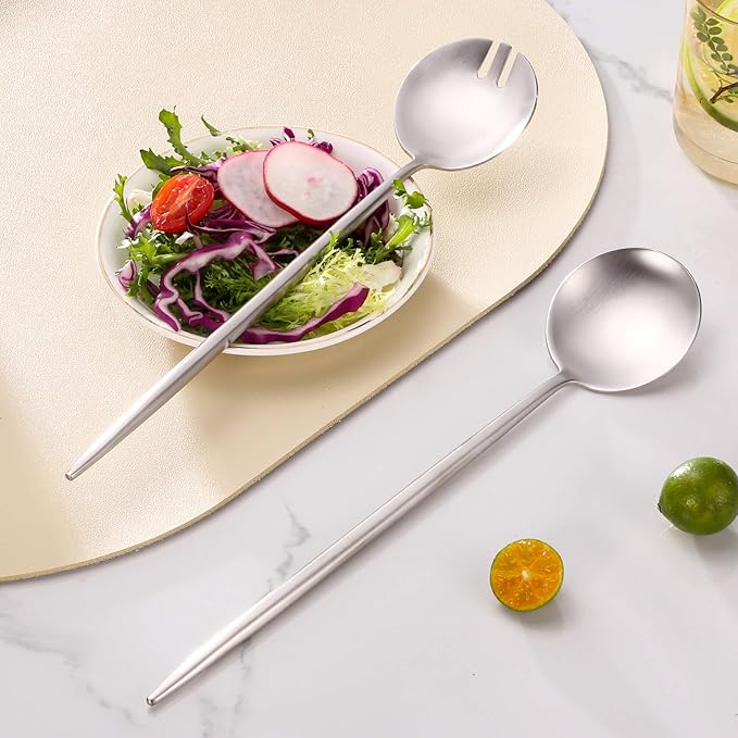 Lemeya Salad Serving Utensils,Serving Spoons Stainless Steel,2Pcs Long Handle Salad Servers 11.42 Inch,Salad Utensils for Serving,Matte Finish,Dishwasher Safe