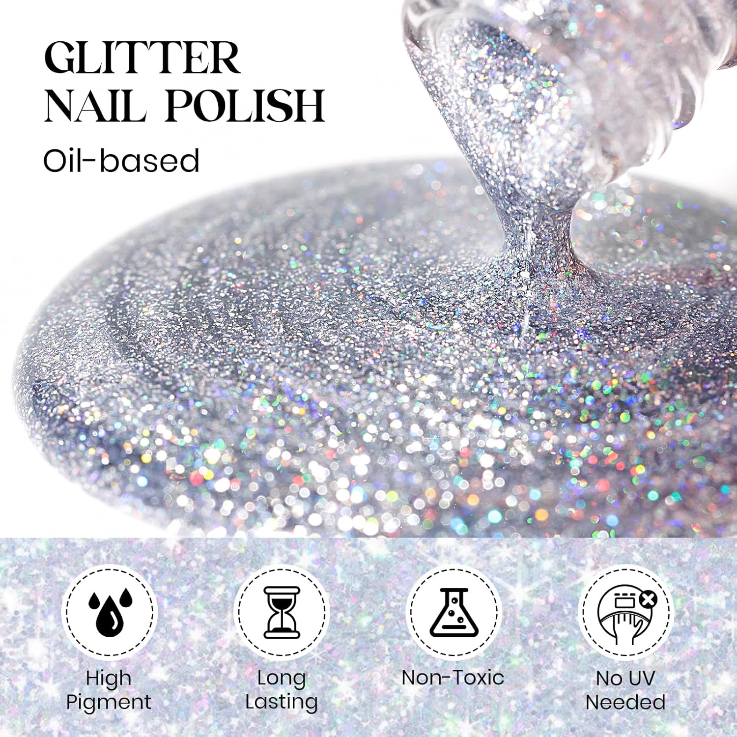 MIZHSE Quick Dry Glitter Nail Polish, Siver Rainbow Nail Polish Air Dry Fast, 15ml High Glossy Sparkly Shiny Shimmery Iridescent Silver Nail Art Salon Manicure Home-BrightBean Baby