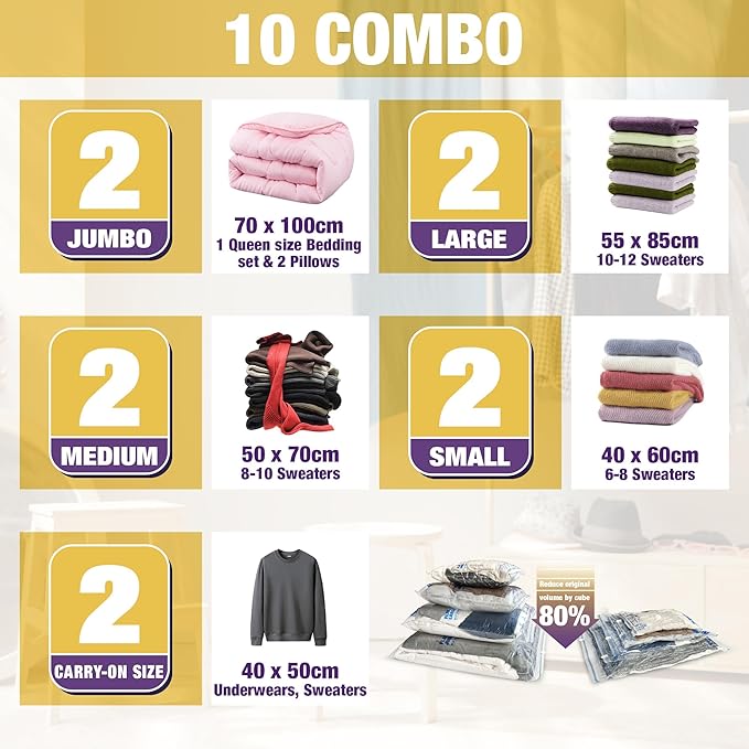 HIBAG Vacuum Storage Bags, 10-Pack Vacuum Seal Bags for Clothing Clothes, Space Saver Bags (2 Jumbo, 2 Large, 2 Medium, 2 Small, 2 Roll-up) with Pump (10-Combo)-BrightBean Baby