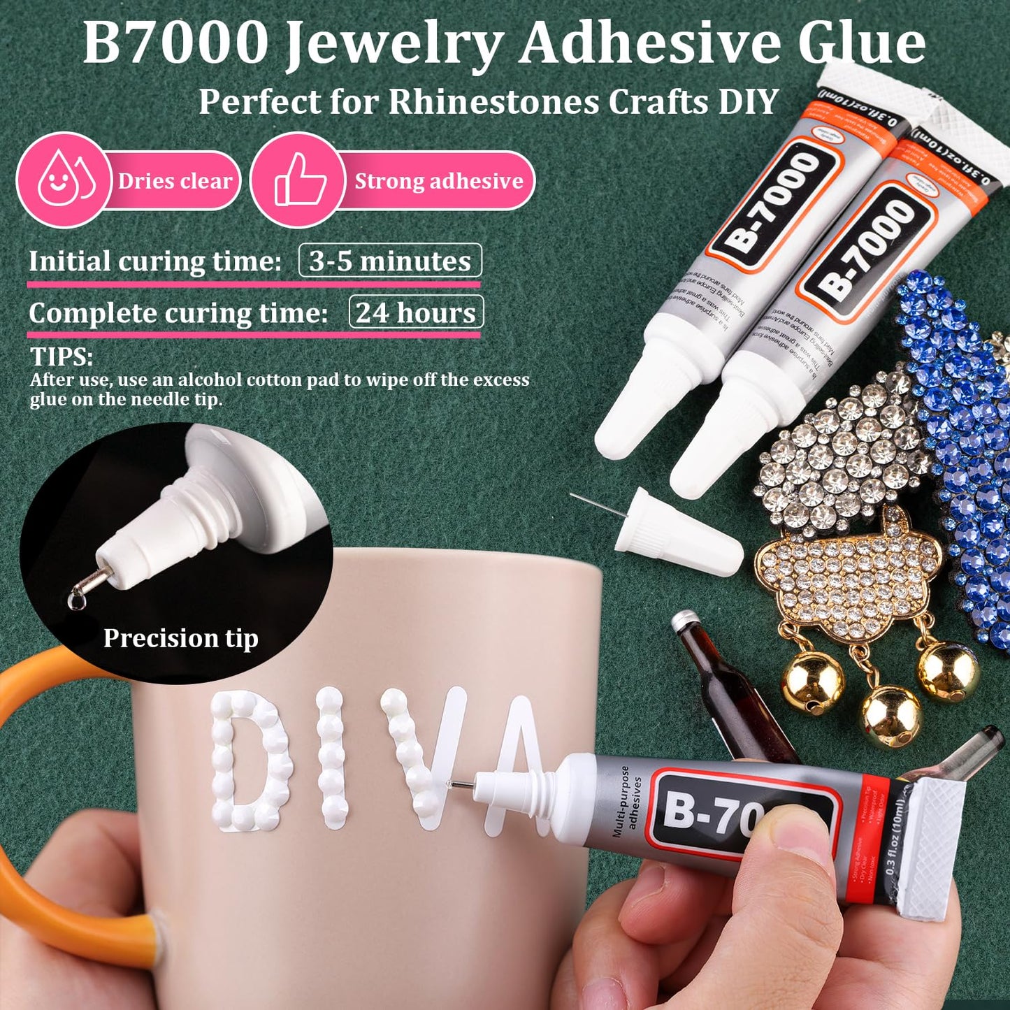 Resin Rhinestones for Crafting with B7000 Jewelry Glue, 2 Boxes White Flatback Crystals with 3Pcs 10ml Glue for Bedazzling Crafts DIY Nail Art Makeup，Non Hotfix Gems for Clothing Shoes-BrightBean Baby