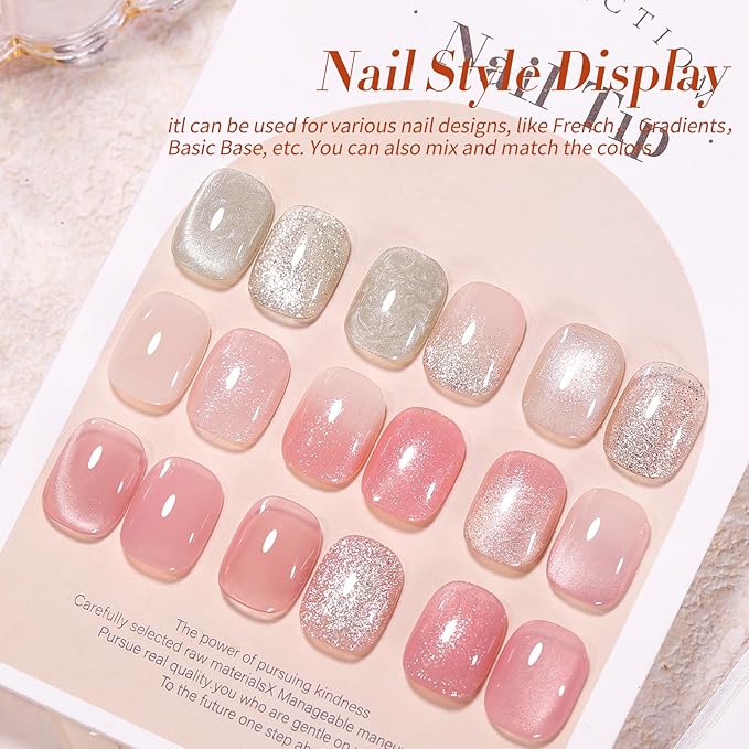 Born Pretty Gel Nail Polish Nude Pink Series,Jelly Transparent,Cat Magnetic Eye,Shimmer Glitter Holographic Nude Pink Gel Polish Kit for Salon Manicure and Nail Art DIY at Home 6Colors-BrightBean Baby