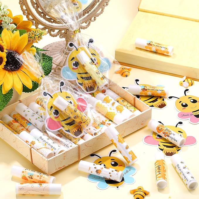 48 Sets Bee Lip Balm with Bee Themed Thank Card Tags Baby Shower Favor Bulk Bee Themed Gifts for Baby Shower Baptism Birthday Party Supplies Christmas Party-BrightBean Baby