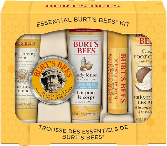 Burt's Bees Back to School Gifts Ideas, 5 Body Care College Dorm Products, Everyday Essentials Set - Original Beeswax Lip Balm, Deep Cleansing Cream, Hand Salve, Body Lotion & Foot Cream, Travel Size-BrightBean Baby