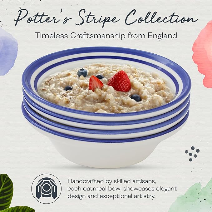 Portmeirion Potter's Stripe Oatmeal Bowl (Set of 4) - Ideal for Porridge, Soup, Desserts - Microwave & Dishwasher Safe Earthenware Bowls, Durable Dishware Collection - Made in UK (Blue Stripe)