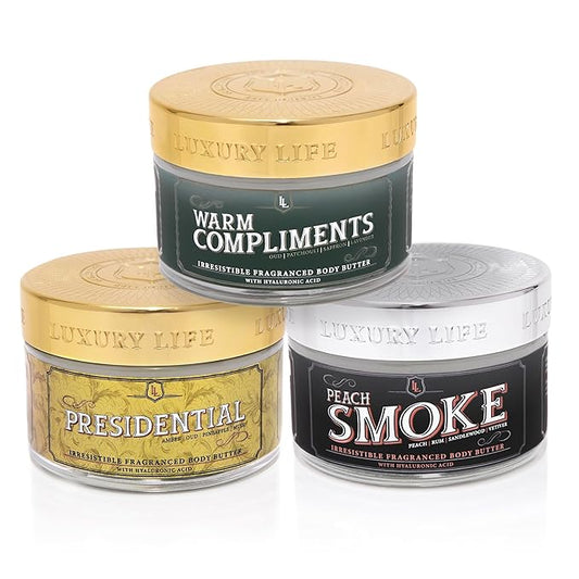 LUXURY LIFE BUTTER - Irresistibly Scented Body Butter with Hyaluronic Acid for Ultimate Moisture. Hydrates for a Non-Greasy Glamorous Glow (Presidential, Peach Smoke, Warm Compliments 5 oz)-BrightBean Baby