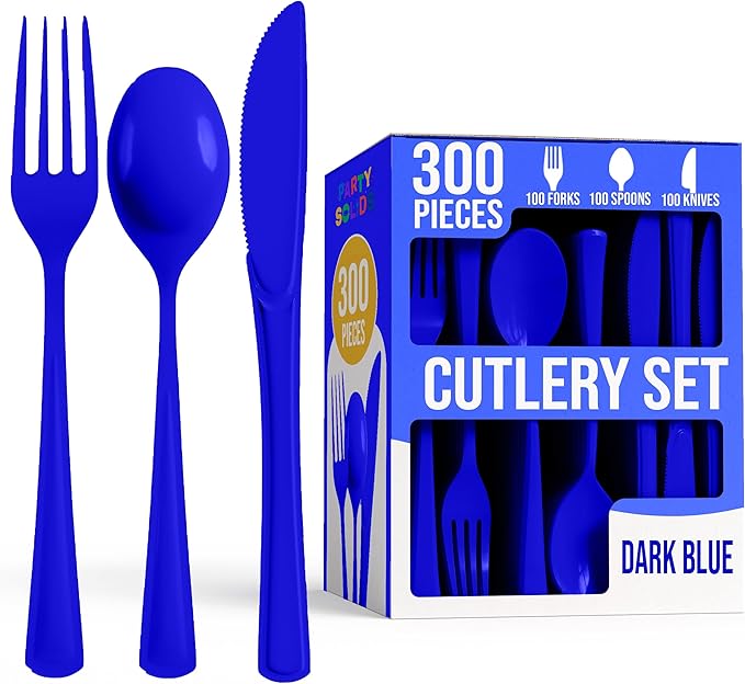 Party Solids Dark Blue Plastic Silverware Heavy Duty 300 Pcs Dark Blue Plastic Cutlery Sets, Utensil Sets, 100 Of Each Forks, Knives & Spoons Disposable Cutlery Set, Flatware Set For Party Supplies
