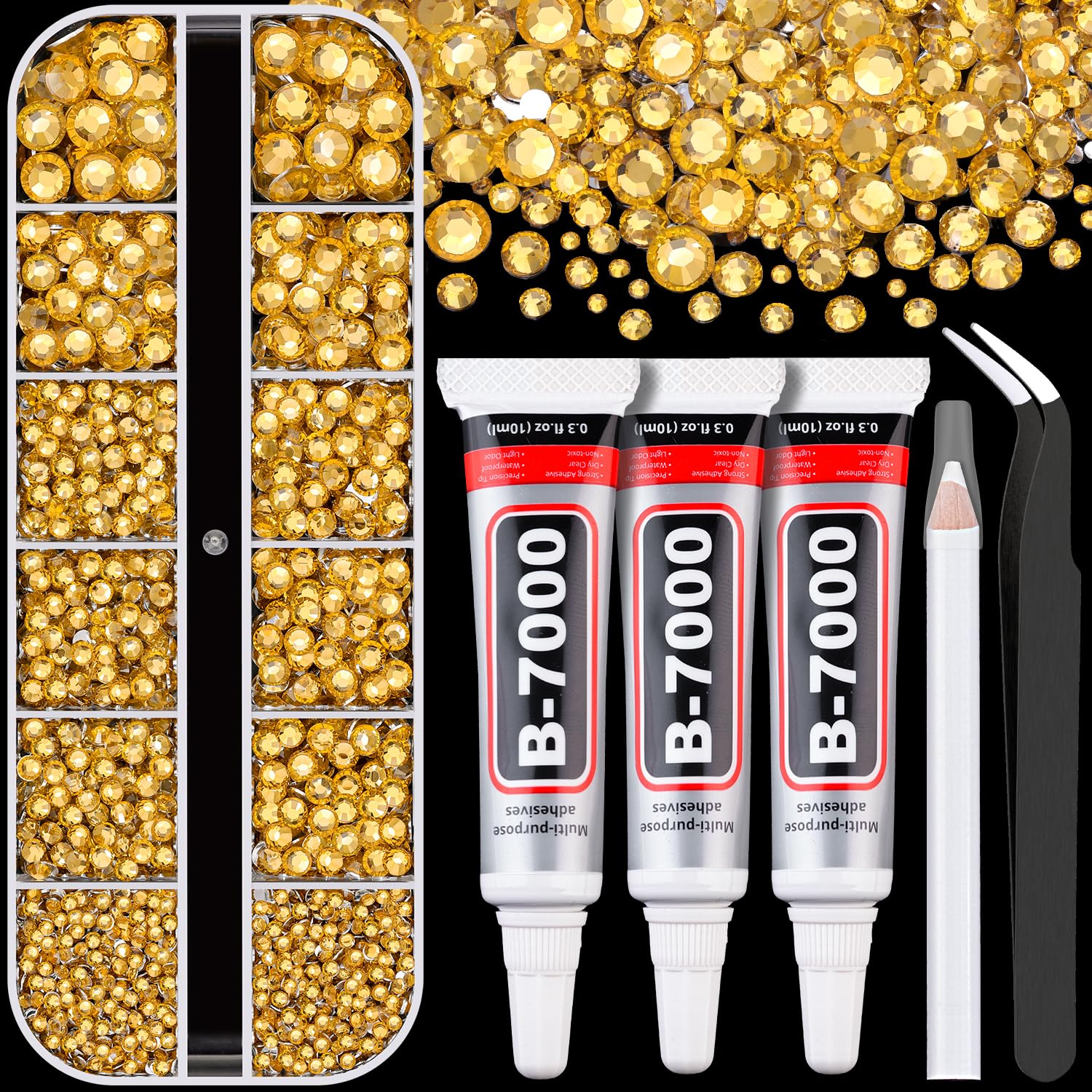 Resin Rhinestones for Crafting with B7000 Jewelry Glue, 1 Box Golden Yellow Flatback Crystals with 3Pcs 10ml Glue for Bedazzling Crafts DIY Nail Art Makeup, Gems for Clothing Shoes-BrightBean Baby