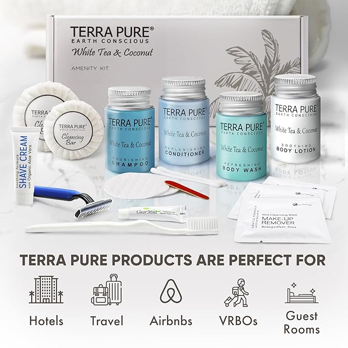 Terra Pure White Tea & Coconut Amenity & Accessory Kit |1oz Travel Size Shampoo, Conditioner, Lotion, Body Wash, 2 Cleansing Bars, Shave & Dental Sets, Make-Up Remover Wipes, & Vanity Kit | 15 Boxes-BrightBean Baby
