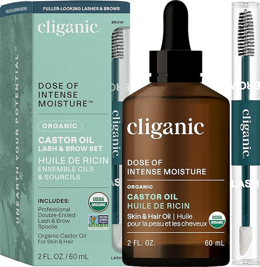 Cliganic Organic Castor Oil, 100% Pure (2oz Glass Bottle with Eyelash Kit) - For Eyelashes, Eyebrows, Hair & Skin (Packaging May Vary)-BrightBean Baby