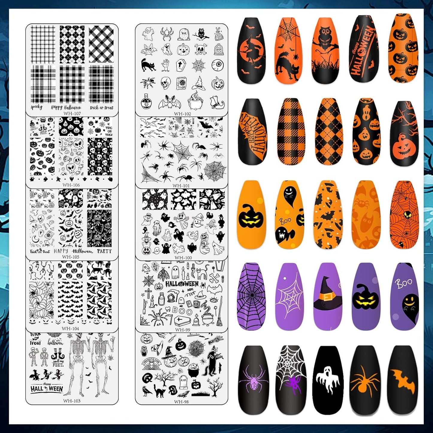 Whaline 10Pcs Halloween Nail Art Stamping Plate Kit Spooky Pumpkin Ghost Skull Plaid Design Nail Art Plate for Holiday DIY Print Manicure Salon-BrightBean Baby