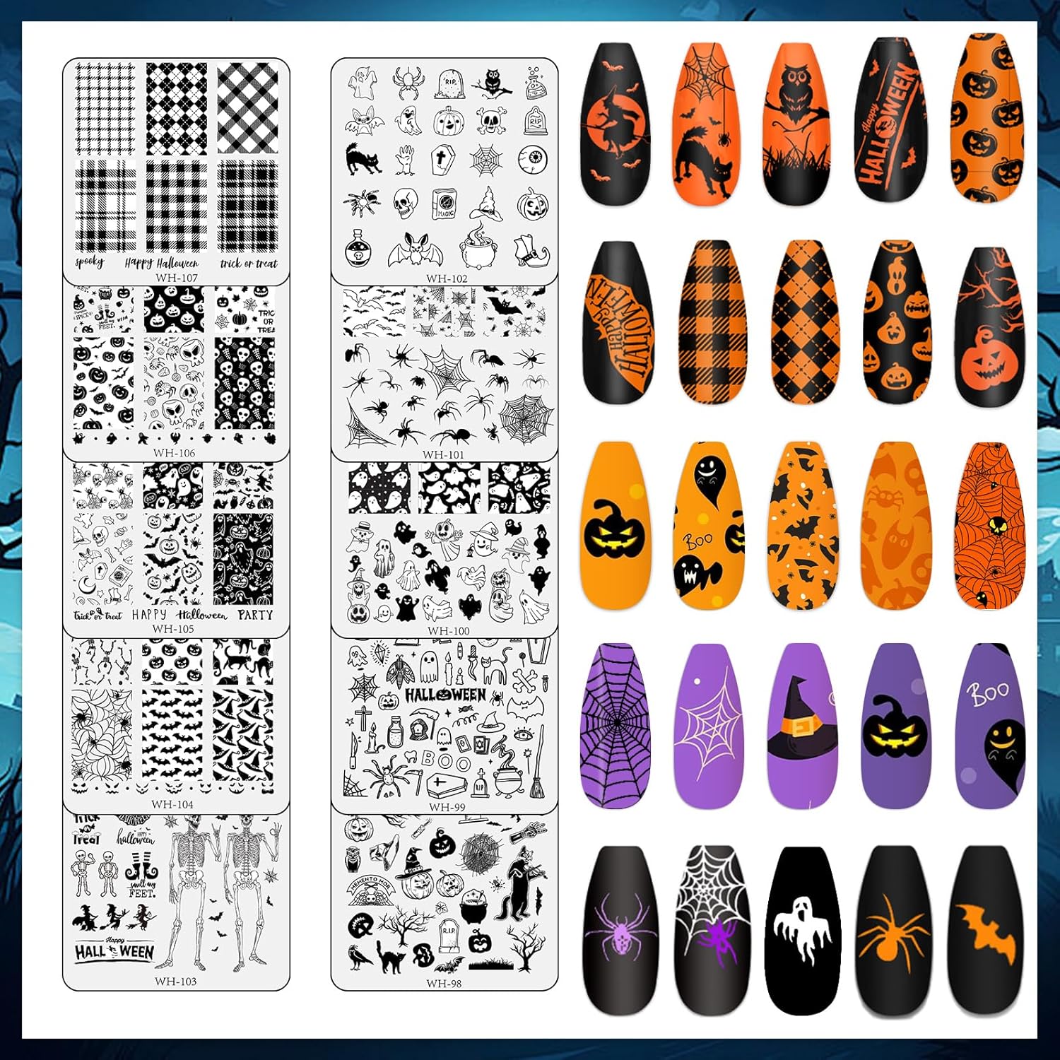 Whaline 10Pcs Halloween Nail Art Stamping Plate Kit Spooky Pumpkin Ghost Skull Plaid Design Nail Art Plate for Holiday DIY Print Manicure Salon-BrightBean Baby