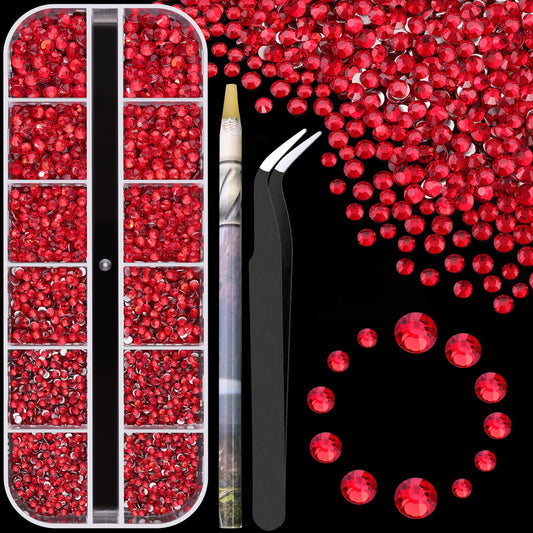 3600pcs Glass Red Nail Rhinestones 6 Sizes(1.8/2/2.4/2.8/3/4mm) Flatback Crystal Nail Charms Jewels Decoration for Nail Art and Crafting, Tweezer and Pickup Pen included-BrightBean Baby