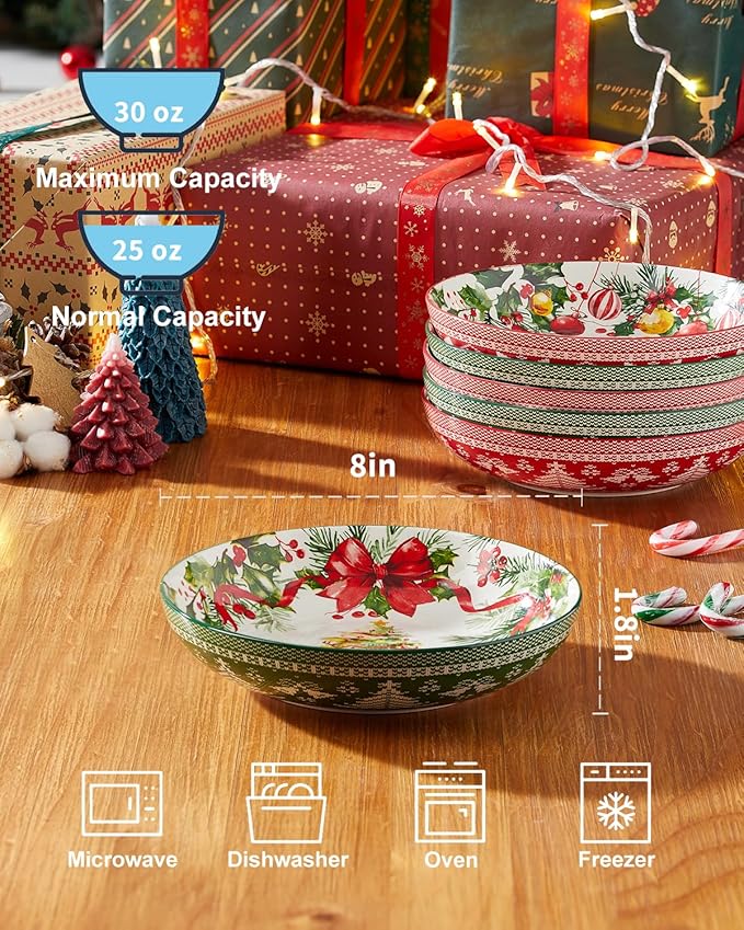 Christmas Pasta Bowls, Ceramic Salad Serving Bowl Set, 8 Inch Wide and Shallow Dinner Bowl Plate for Kitchen, Dishwasher and Microwave Safe, Set of 6
