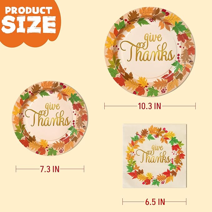 JOYIN 100Pcs Thanksgiving Paper Plates and Napkins Disposable Dinnerware Set for 25 Guests Give Thanks Theme Party Supplies Happy Thanksgiving Autumn Tableware Set