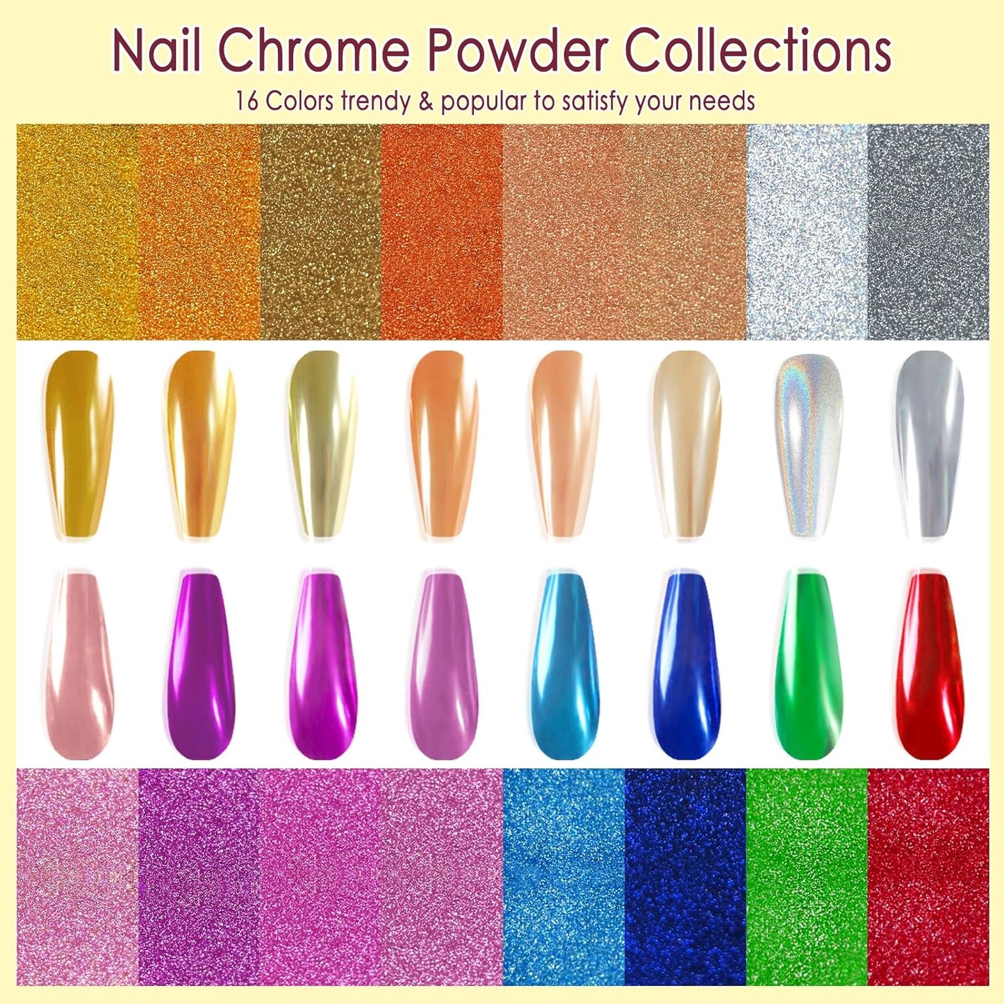 Allstarry Chrome Nail Powder Kit - 16 Colors Metallic Mirror Effect Pigment Powder Magic Glitter Dust for Gel Polish Nail Art Decoration with 16 Sponge Sticks-BrightBean Baby