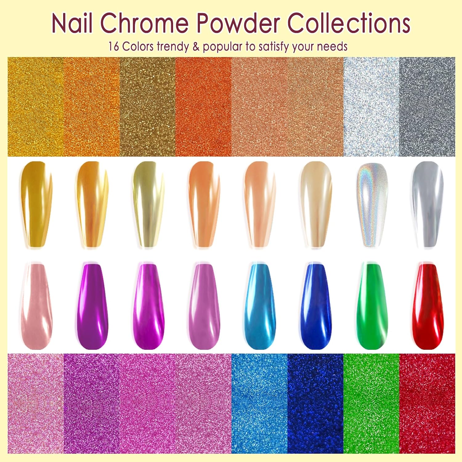 Allstarry Chrome Nail Powder Kit - 16 Colors Metallic Mirror Effect Pigment Powder Magic Glitter Dust for Gel Polish Nail Art Decoration with 16 Sponge Sticks-BrightBean Baby