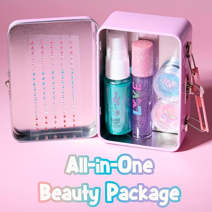 Expressions 6pc Peace & Rhinestones Beauty Set w/Tin Box Storage Case - Body Spray, Body Glitter, Mini Body Gems, and Lip Gloss Set,Washable + Non Toxic-BrightBean Baby