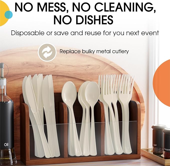 Party Solids Ivory Plastic Silverware Heavy Duty 150 Pieces Ivory Plastic Cutlery Sets, Utensil Sets, 50 Of Each Forks, Knives & Spoons Disposable Cutlery Set, Flatware Set For Party Supplies