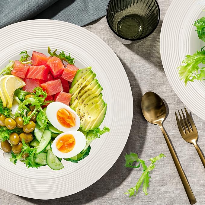 JUAN & JASMIN 24 oz Soup Bowl Set, 9.5 inch, Ribbed Rim Design, 2-Piece, Deep Dish Plate- Ideal Serving for Soup, Pasta, Dessert and Salad, Microwave & Dishwasher Safe