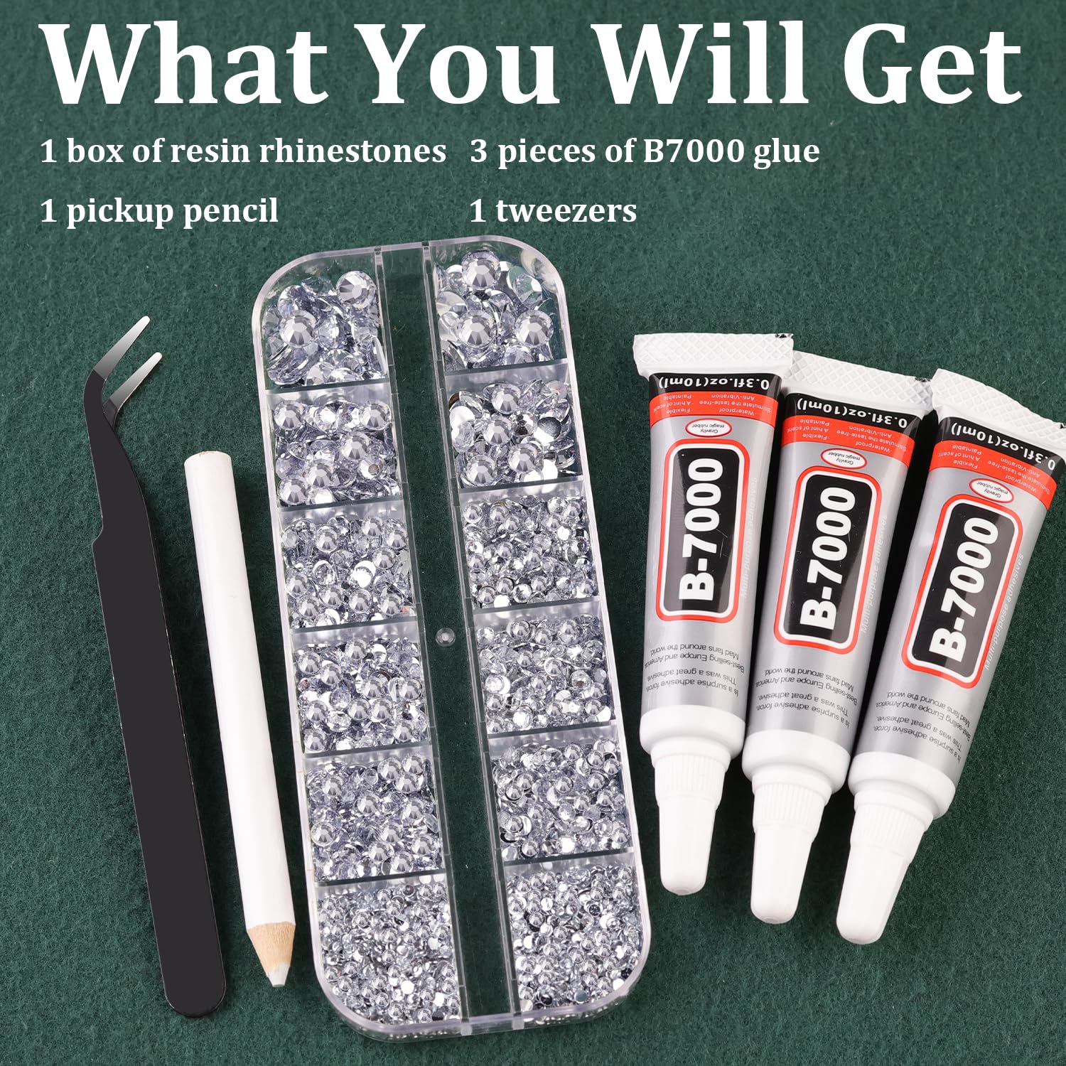 Resin Rhinestones for Crafting with B7000 Jewelry Glue, 1 Box Clear Flatback Crystals with 3Pcs 10ml Glue for Bedazzling Crafts DIY Nail Art Makeup，Non Hotfix Gems for Clothing Shoes-BrightBean Baby