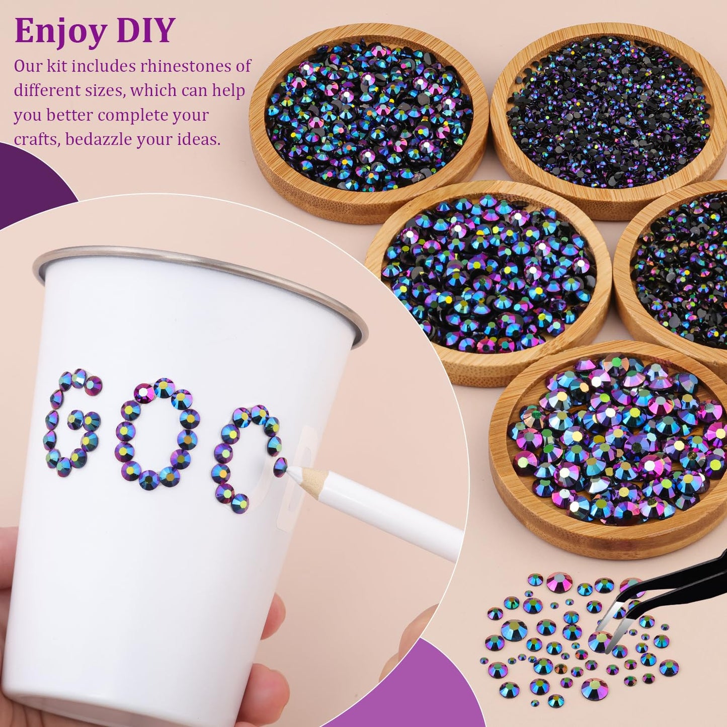 Resin Jelly Rhinestones for Crafting with B7000 Jewelry Glue, 2 Boxes Purplish Black AB Flatback Crystals with 3Pcs 10ml Glue, Bedazzling Non Hotfix Gems for DIY Tumblers Clothing Shoes Manicure-BrightBean Baby
