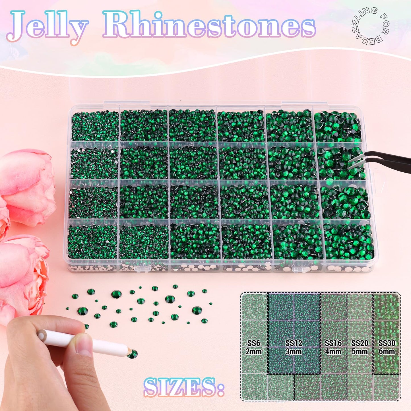 25000Pcs Resin Jelly Rhinestones with Tweezers for Crafting, 2-6mm Mixed Sizes (Dark Green) Non Hotfix Flatback Gems, Bedazzling Crystal for DIY Crafts Clothing Tumblers Mugs Shoes Decor Nail Art-BrightBean Baby