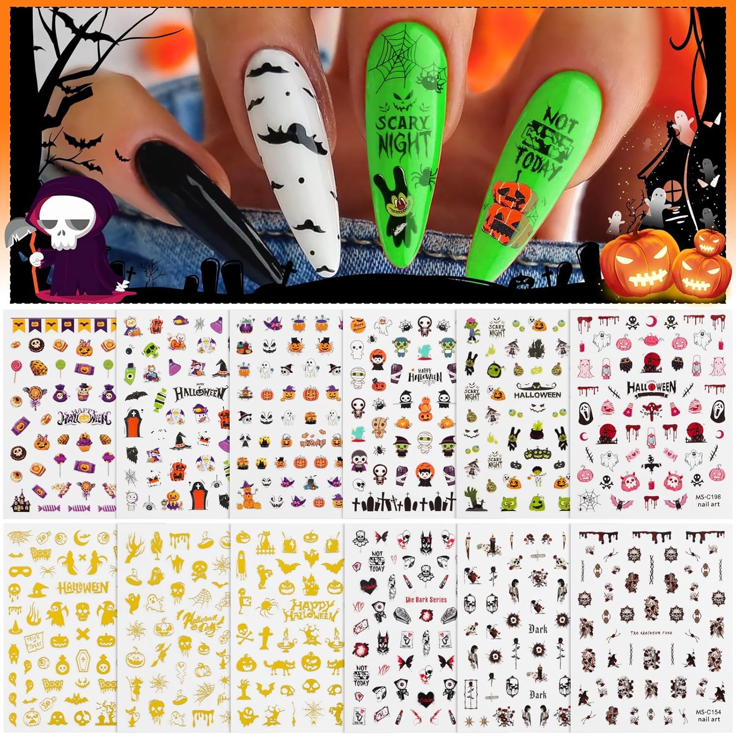 Halloween Nail Art Stickers Decals, Kalolary Self-Adhesive DIY Nail Sticker Decals 3D Design Nail Decorations for Halloween Party Include Pumpkin/Bat/Ghost/Witch(12 Sheets)-BrightBean Baby