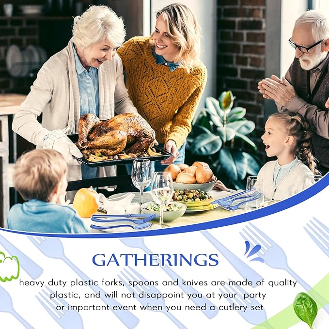 Minatee 150 Pieces Disposable Cutlery Set Plastic Silverware Heavy Duty Utensil Sets 50 Forks 50 Knives 50 Spoons for Home Office School Party Picnics Restaurant Outdoor Events(Blue)