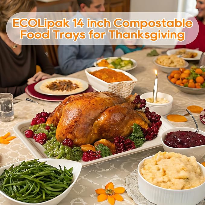 ECOLipak 50 Pack 14 Inch Disposable Food Crawfish Trays, Compostable Large Paper Plates, Disposable Thanksgiving Trays for Serving Food, Turkey, BBQ, Seafood Boil Party Supplies(Nature)