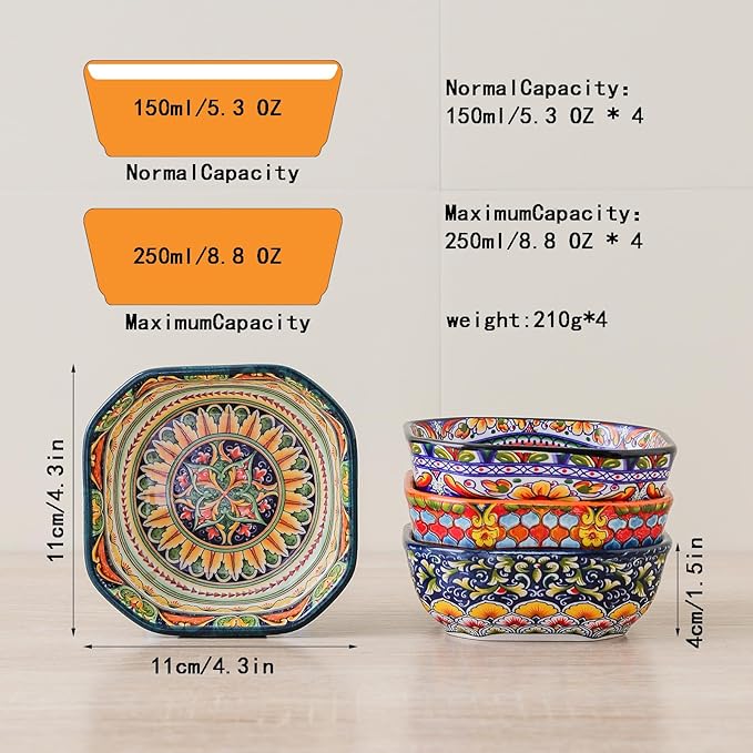 Boho 8 Oz Dipping Sauce Bowls, 4.3 Inches Ceramic Soy Sauce Dish, Bohemian Small Plates 4 Inch,Square Side Dishes, Small Appetizer Plates Set of 4, Colorful Dip Bowl, Microwave, Dishwasher, Oven Safe