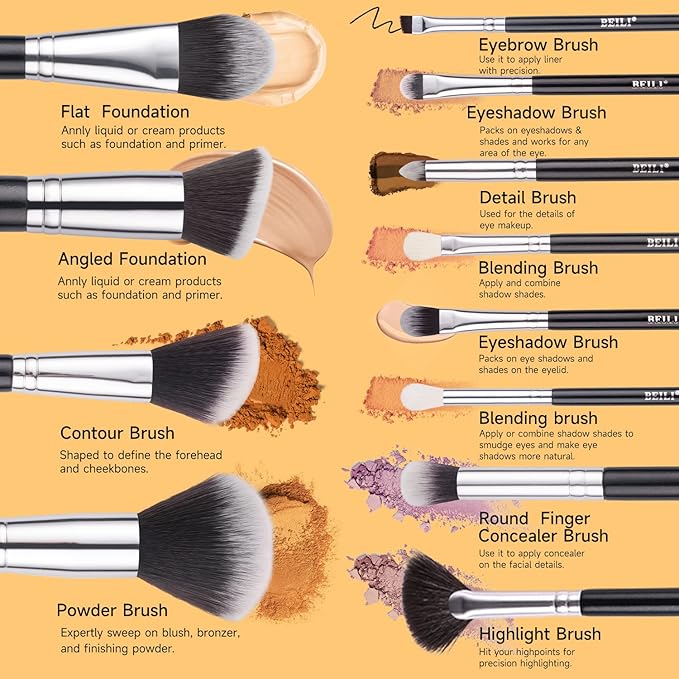 BEILI Makeup Brushes 12pcs Makeup Brushes Set with Holder Premium Synthetic Kabuki Foundation Brush Blending Blush Concealer Full Face Makeup Brushes Kit With Gift Box(Black)-BrightBean Baby