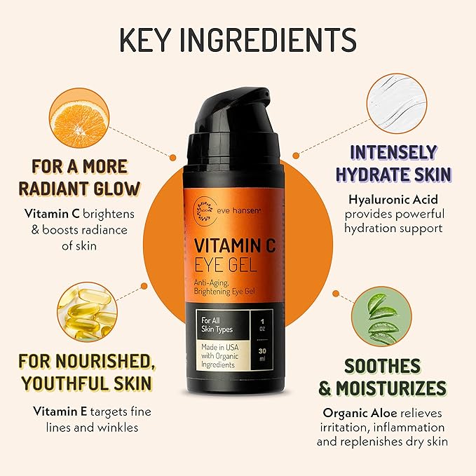 Eve Hansen Vitamin C Eye Gel - Under Eye Cream for Dark Circles and Puffiness - Anti-Aging Eye Repair Cream with Hyaluronic Acid - Under Eye Treatment for All Skin Types - Eye Brightening Cream - 1 oz-BrightBean Baby