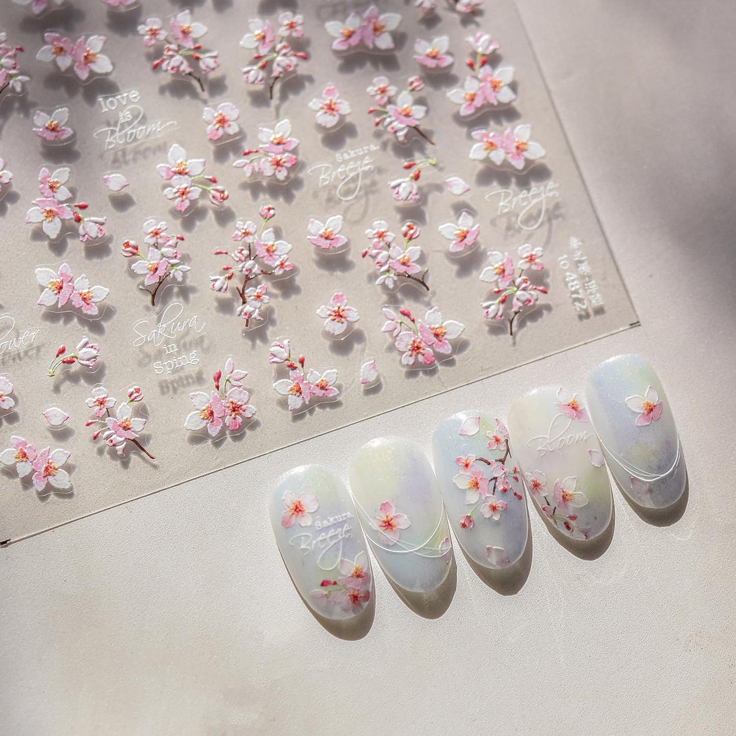 Cherry Blossoms Nail Art Stickers Pink White Flowers Nail Decals for Acrylic Nails 5D Embossed Self-Adhesive Flower Designs Nail Sticker Spring Summer Cute Floral Nail Decal for Women DIY Nail Decor-BrightBean Baby
