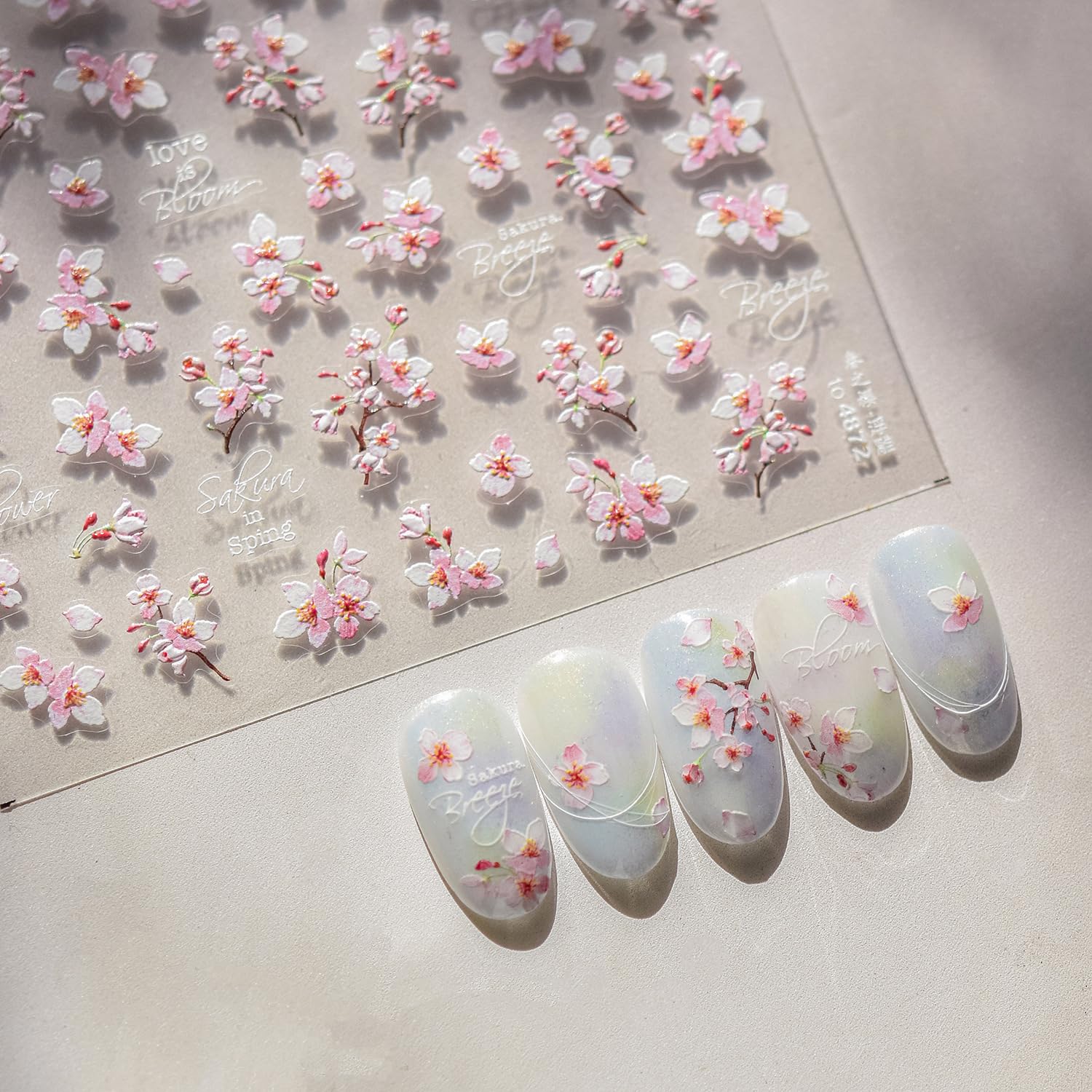 Cherry Blossoms Nail Art Stickers Pink White Flowers Nail Decals for Acrylic Nails 5D Embossed Self-Adhesive Flower Designs Nail Sticker Spring Summer Cute Floral Nail Decal for Women DIY Nail Decor-BrightBean Baby