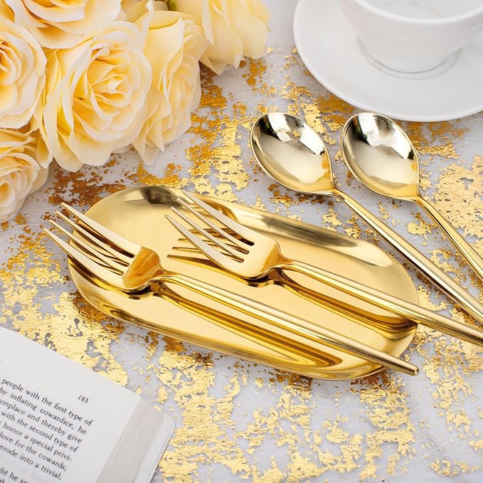 SUT 200PCS Gold Plastic Forks and Spoons Heavy Duty Set, Gold Disposable Silverware, gold Cutlery, Disposable Utensils, Plastic Flatware Includes 100 Forks, 100 Spoons for Party