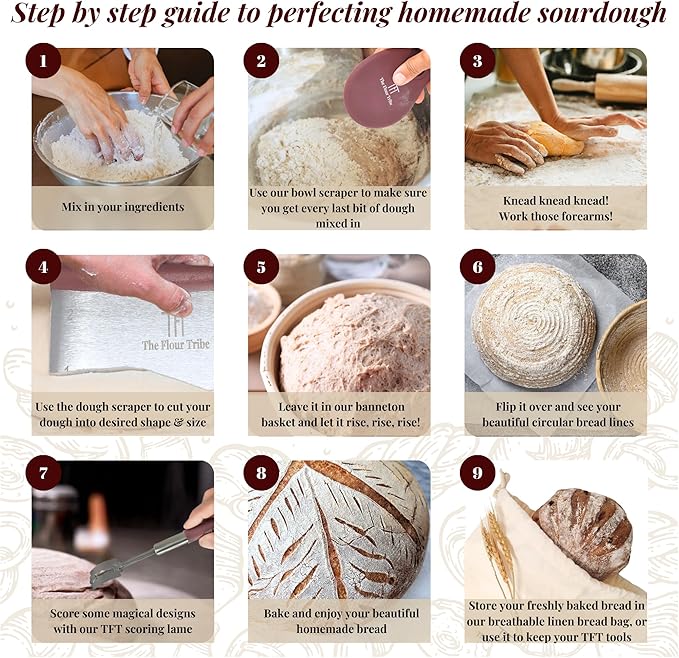 Banneton Bread Proofing Basket: Sourdough Bread Baking Supplies, Sourdough Starter Kit, Bread Making Supplies Tools, Baking Gift Set, 9 inch round rattan Basket, bread bag, dough scraper, scoring lame