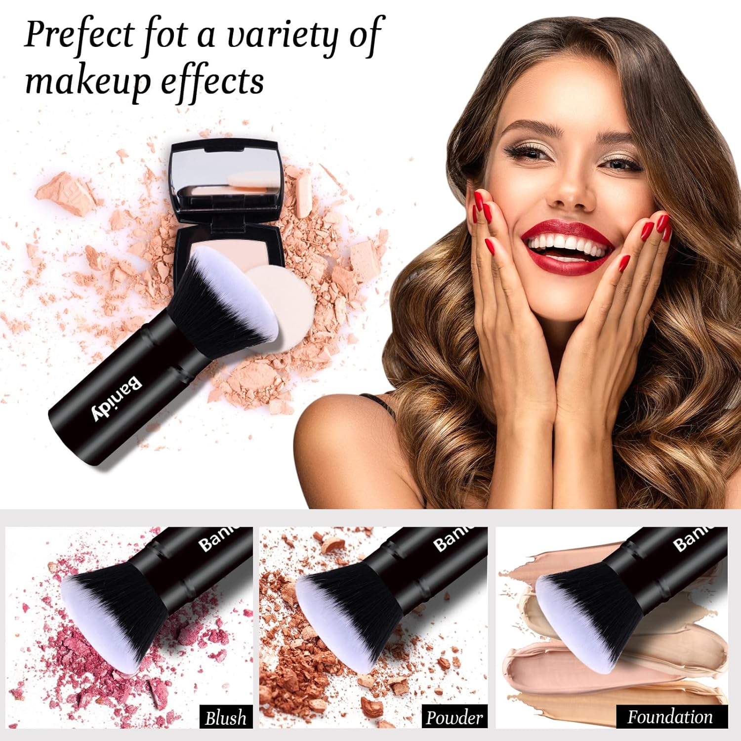 Makeup Brush Kabuki Face Brushes Retractable Travel Blush Brush Portable Flawless for Foundation, Powder Blush, Bronzer, Buffing, Liquid, Cream, Cruelty Free with Cover(Flat-Head)-BrightBean Baby